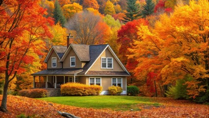 house surrounded by vibrant autumn foliage, warm atmosphere, tree surroundings