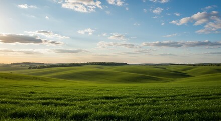 Obraz premium Rolling Green Hills and Cloudy Blue Sky Scenic Landscape Photography