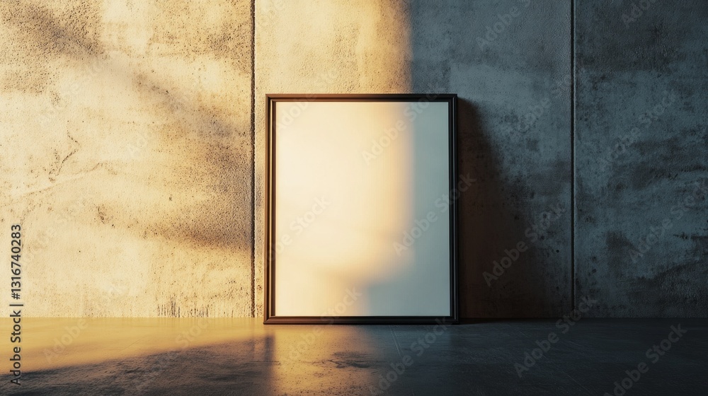 Poster warm light gently illuminates a blank frame resting against a textured concrete wall, evoking a tran