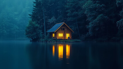 Fototapeta premium A cozy cabin glows warmly on a misty island reflected in the still dark waters surrounding it amidst a dense forest.