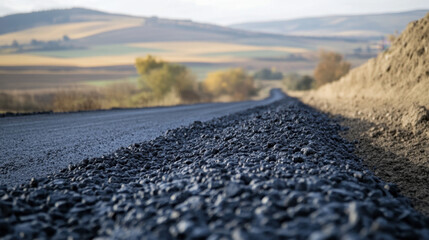 A freshly laid asphalt road lined with small black pebbles extends into a scenic rural area under clear skies during daytime