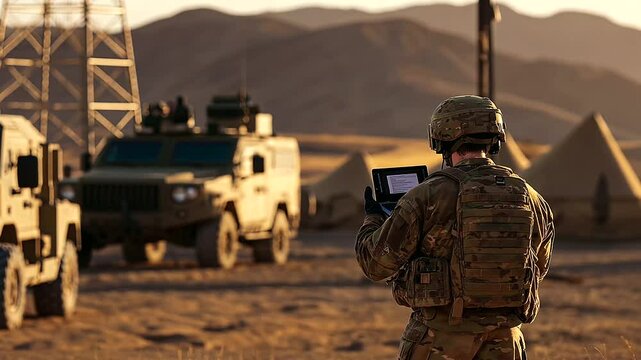 Close-up of a soldier setting up communications equipment near a tower in a desert military base, with tactical vehicles and tents creating a backdrop of strategic operations.