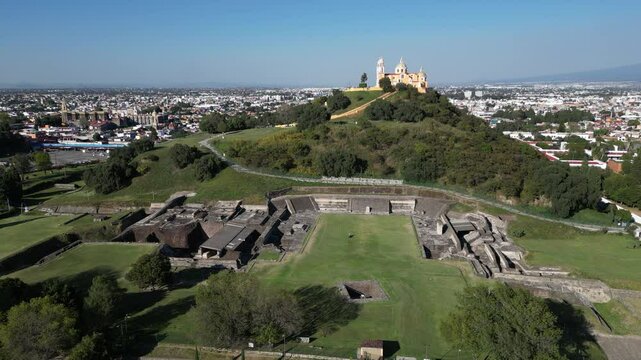 Aerial of the great pyramid with church building in Cholula, Mexico. 