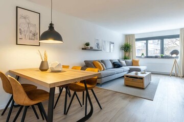 Fototapeta premium Modern living room with dining area, light wood furniture, and gray sofa.