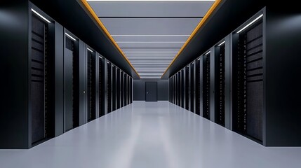 Fototapeta premium Modern Data Center Corridor: A 3D Render of a Sleek Server Room AI Generated