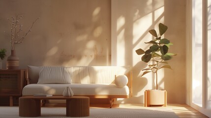 Modern interior japandi style design livingroom. Lighting and sunny scandinavian apartment with plaster and wood. 3d render illustration.