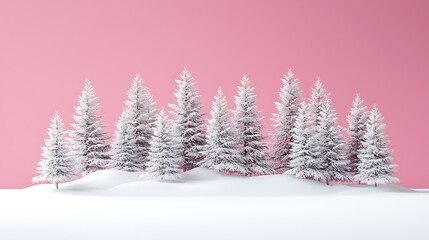 Obraz premium Snow-covered fir trees stand on a hill against a solid pink background creating a minimalist winter scene.