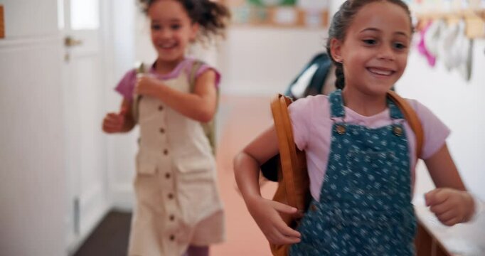 Education, youth and running with kids at school for recess, growth and learning. Friends, knowledge and child development with group of students in hallway of academy for scholarship and support