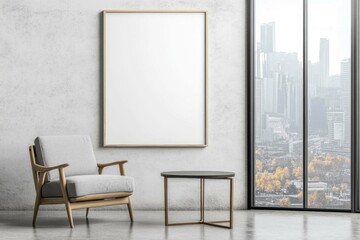 Modern living room with empty frame, armchair, and city view.