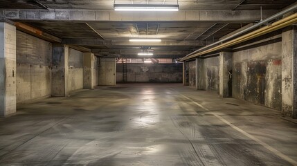 stock photo features a dimly lit, empty concrete garage with gray walls, creating an abstract and grungy atmosphere that evokes a sense of futuristic design, industrial aesthetics, and a potential set