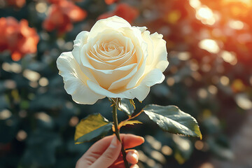 A hand gently holds a single, creamy white rose, bathed in warm, golden sunlight.  The soft focus background showcases a field of blurred roses, creating a romantic and serene atmosphere.