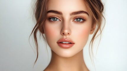Fototapeta premium Beautiful young woman with clean fresh skin. Portrait of fashion model girl with bright makeup with copy space.