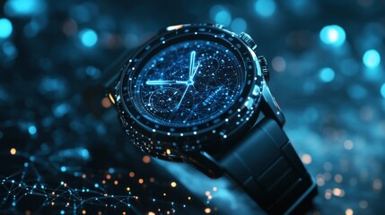 Futuristic Smartwatch with Digital Time Display in Bokeh Background