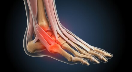 Anatomical illustration of a foot with highlighted joint pain and surrounding structures.