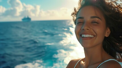 young woman with a radiant smile stands near cruise ship, her hair gently blowing in sea breeze as she takes in panoramic view of sparkling ocean, feeling a sense of freedom sunny summer dayom a