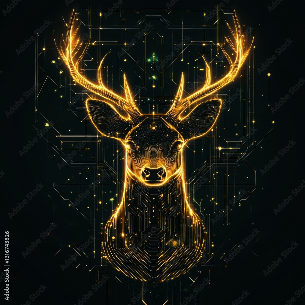 Poster a glowing digital deer head with intricate circuit patterns and a dark background.