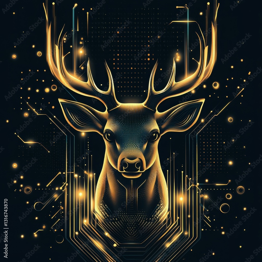 Poster a stylized deer head with glowing circuits and digital patterns, blending nature and technology.