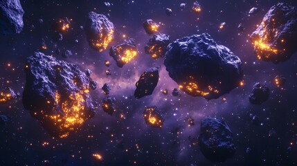 76. An asteroid field with glowing fragments of rocks floating through space