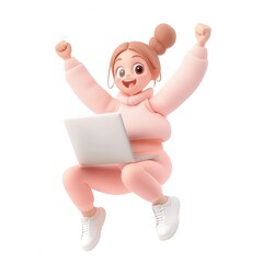 Obraz premium 3d user Cheerful cartoon winner woman with her arms raised jumping from behind a laptop, on a transparent background