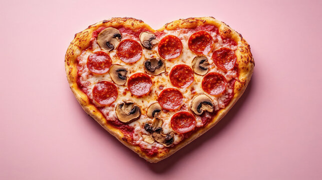 Heart shaped pizza with pepperoni and mushrooms on pink background