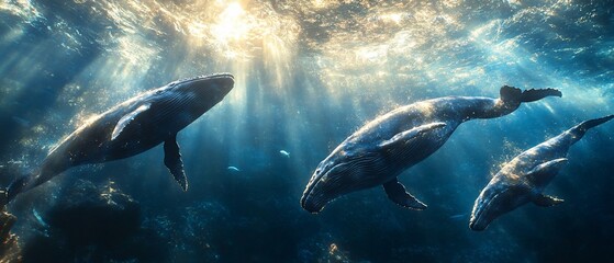Fototapeta premium Humpback whales swim under shimmering sunlight in the deep blue ocean