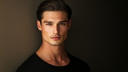 Naklejka premium Portrait of a man with sleek straight hair in a dramatic lighting