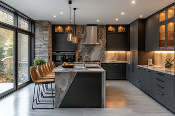 Photographie immobili&egrave;re d'une cuisine contemporaine &eacute;l&eacute;gante avec armoires noir mat, comptoirs en marbre, grand &icirc;lot central et &eacute;clairage LED int&eacute;gr&eacute; pour un design moderne