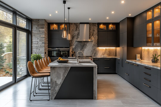Photographie immobili&egrave;re d'une cuisine contemporaine &eacute;l&eacute;gante avec armoires noir mat, comptoirs en marbre, grand &icirc;lot central et &eacute;clairage LED int&eacute;gr&eacute; pour un design moderne