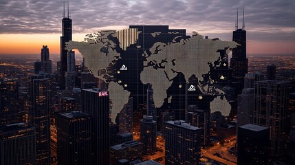 Global Network at Dusk: A Cityscape Digital Composite AI Generated