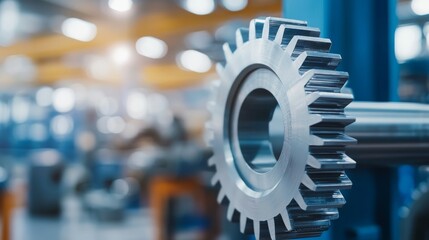 A close-up of a metallic gear in an industrial setting, highlighting machinery and engineering.