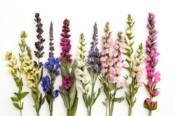 Naklejka premium vibrant arrangement of various flowers including lavender, delphinium, and snapdragon, showcasing spectrum of colors and textures, perfect for floral design or decoration