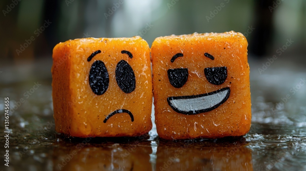Poster two orange cubes with faces displaying different expressions creating a fun and whimsical representa