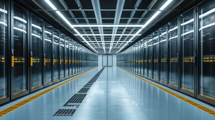Fototapeta premium Modern Data Center Server Room Interior, High-Tech Infrastructure, Network Technology, Digital, Computing, Servers, Technology, IT Infrastructure, Cloud Computing, Digital Transformation