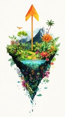 A beautiful island landscape with an upward pointing arrow symbol