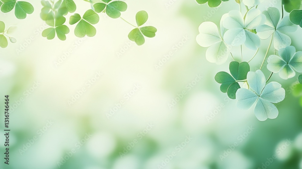 Poster a serene background featuring clovers and a soft green gradient.