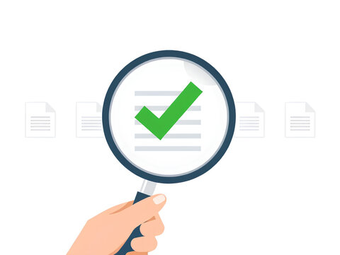Document review process and quality control concept. Hand holding magnifying glass over a document icon with checklist, Document review and approval