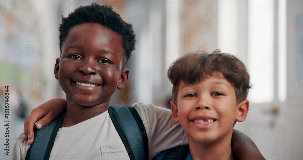 Poster education, support and face of students at school for learning, knowledge and future. child developm