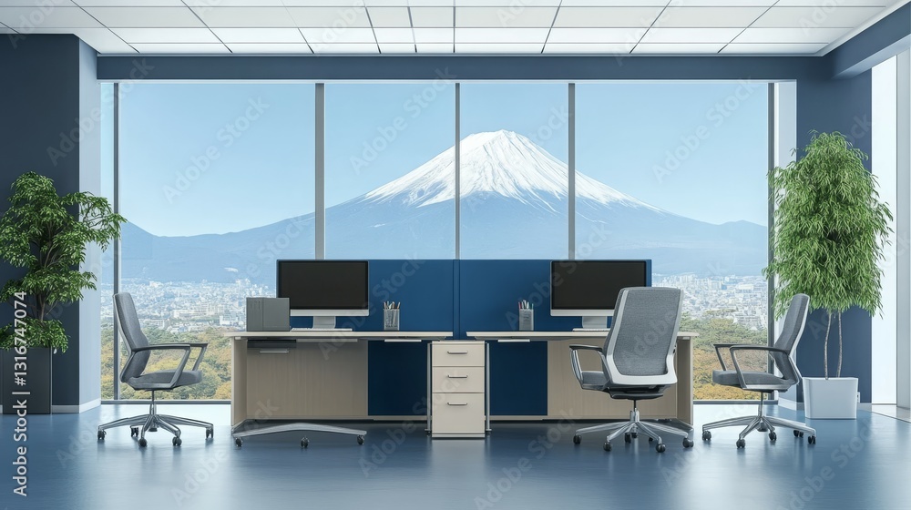 Poster modern office space with a view of mount fuji through large windows.