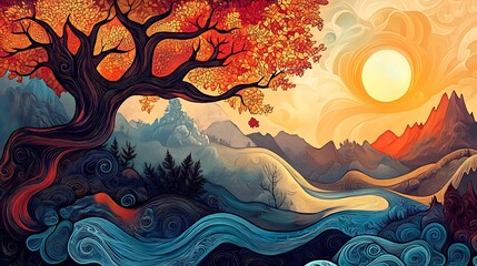 Autumnal Tree and Mountain Landscape: A Digital Painting of Nature's Majesty AI Generated