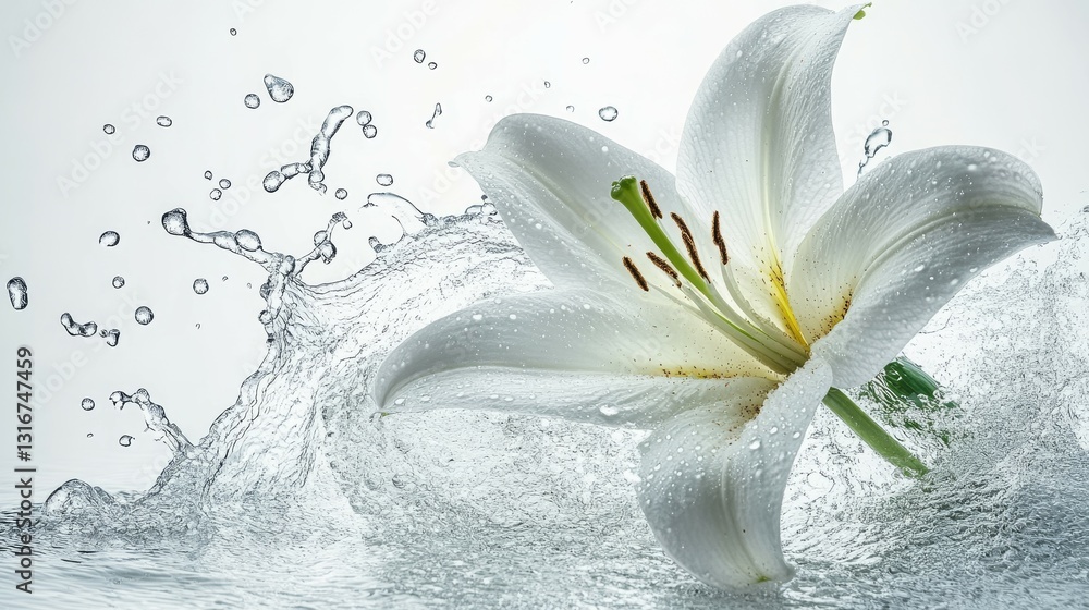 Poster a white lily surrounded by splashing water, creating a serene and refreshing atmosphere.