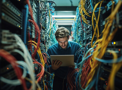 It technician working with laptop in data center, maintaining servers and network connections