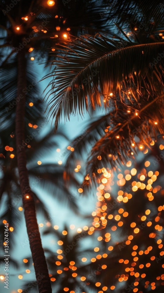 Poster glowing string christmas lights casting soft illumination over lush palm tree fronds, generating dre