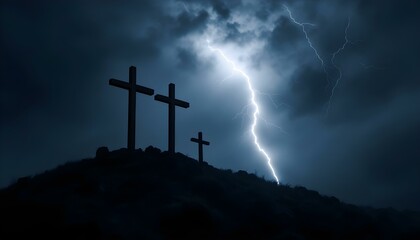 A dark, stormy sky looms over Golgotha. Three crosses stand silhouetted on the hill as lightning flashes, creating a dramatic and powerful scene of sacrifice and redemption.
