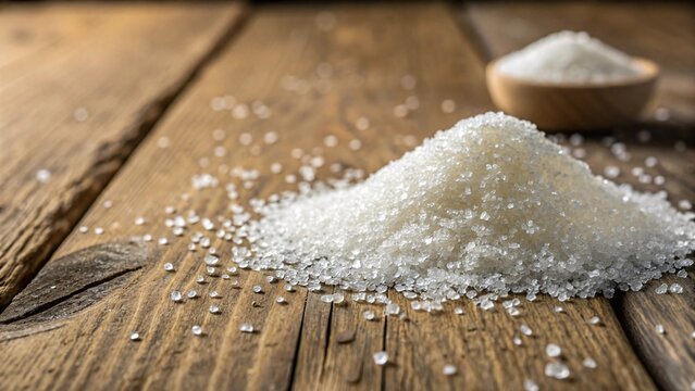 Sparkling Sugar Crystals Scatter Across Rustic Wooden Surface.