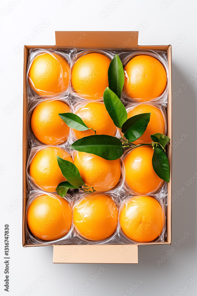 Poster neatly organized in two layers, the vibrant oranges are carefully wrapped to ensure freshness and pr