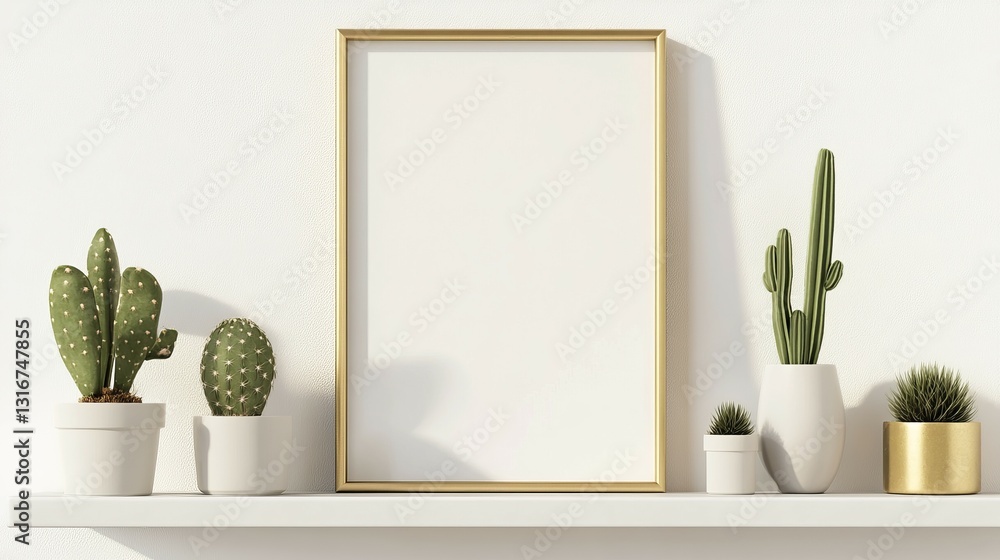 Aufkleber a minimalist shelf display featuring various potted cacti and a blank picture frame.
