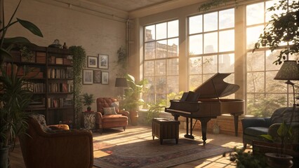 Sunlit room, grand piano bathed in golden hour light, cozy armchairs, bookshelves, lush plants, creating a serene and inviting atmosphere. Peaceful morning scene.