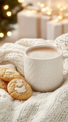 Fototapeta premium Warm cup of chocolate , cookies, knitted blanket, and decorative branches creating a cozy winter atmosphere by the window with festive lights
