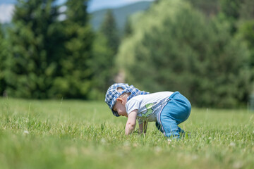 Little Boy Trying to Stand Up from Grass Ground, Supporting Himself with Both Hands