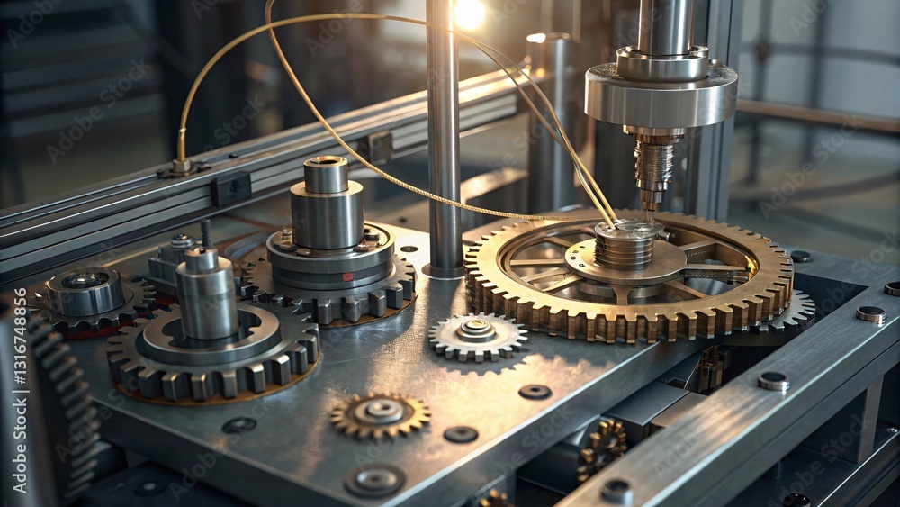 Poster precise metallic gears interlock, a robotic arm delicately positions a component, creating an intric